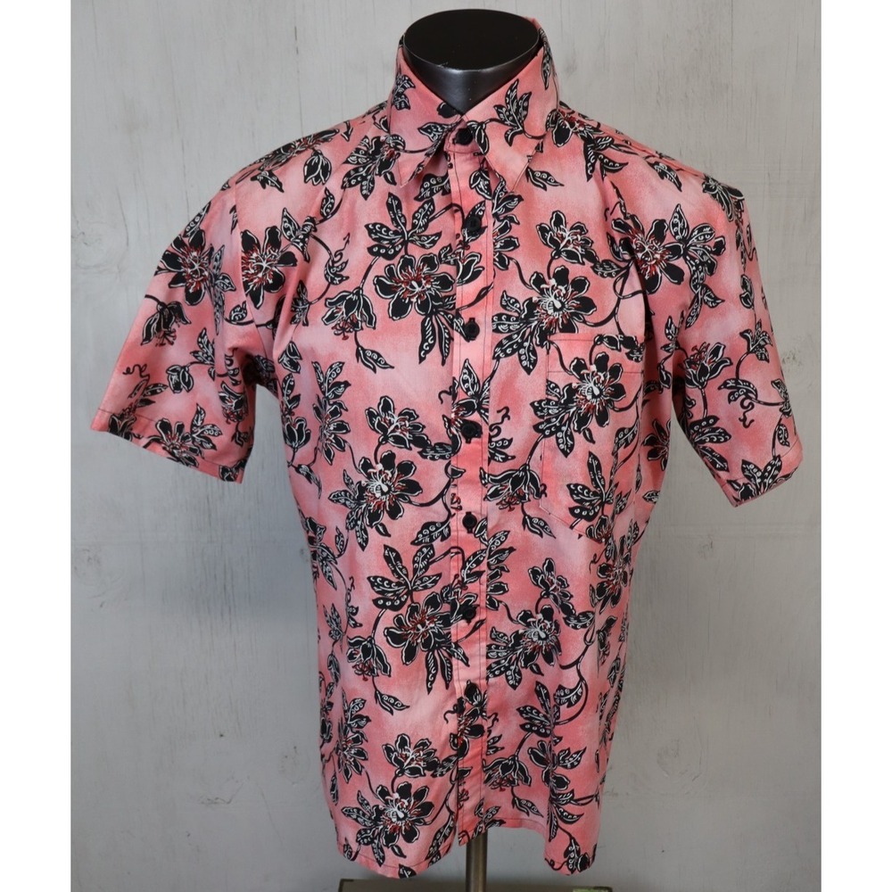 Vintage Red Black Hawaiian Floral Button Front Shirt Size L Cotton Hand Made